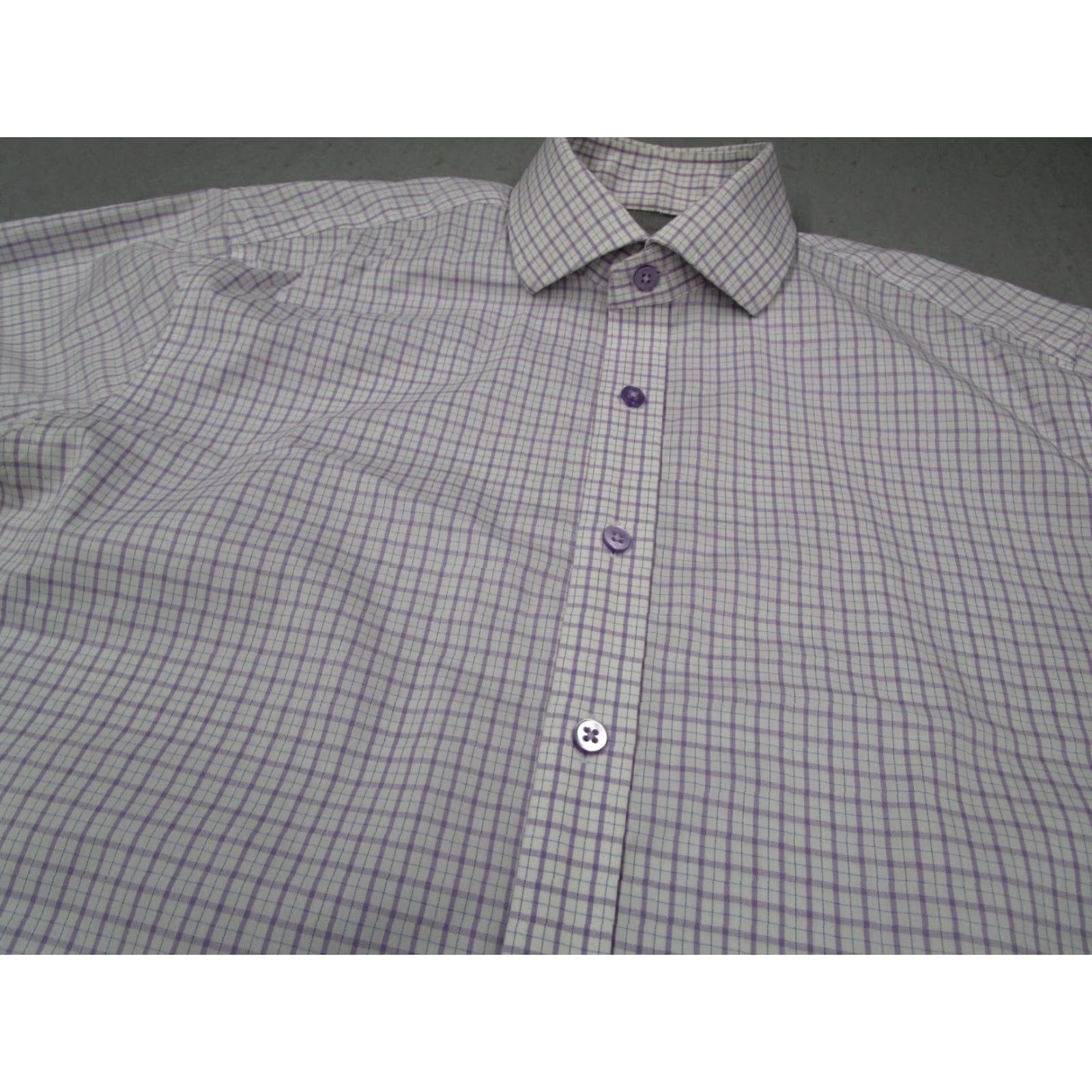 Vintage TWILLORY Men's Purple Check Dress Shirt 16 34 Long Sleeve Tailored Performance Button Up Flip Cuff Size 34R - 2 Thumbnail