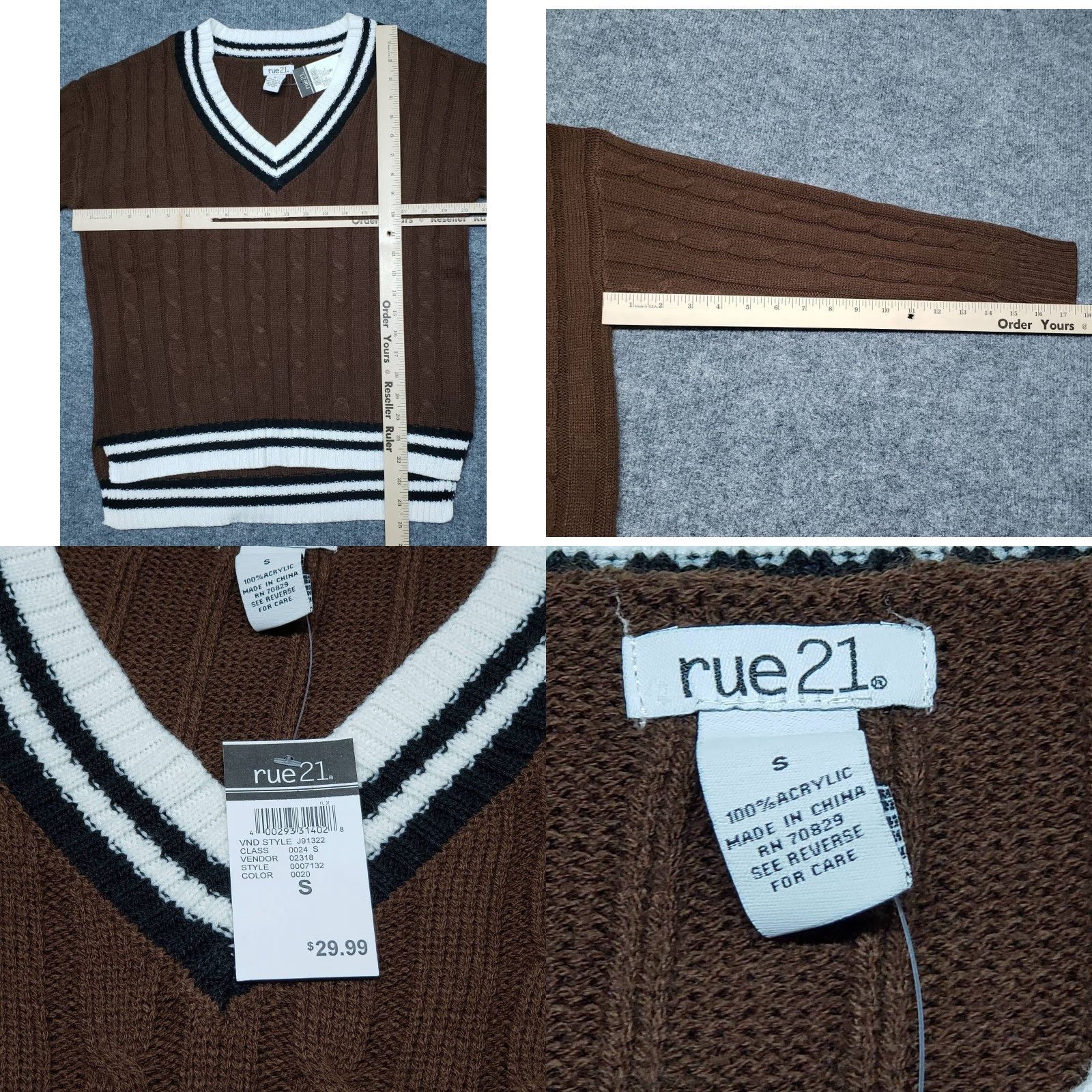 Vintage Rue21 Sweater S Brown Striped Long Sleeve V-Neck Cable Knit Pullover Womens Size S / US 4 / IT 40 - 8 Thumbnail