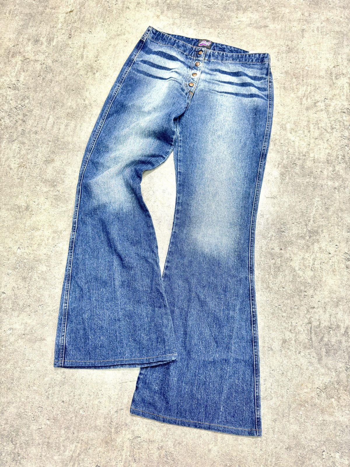 image of Avant Garde x Kapital ᶠᵃⁿᶜʸᵍᵘʸ Y2K Flared Denim Boootcut Flared Jeans Cargo Pant in Blue (Size 30)