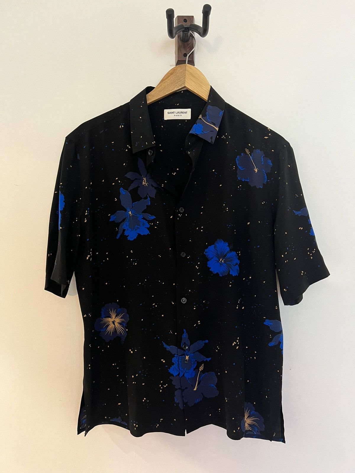 image of Saint Laurent Paris Silk Floral Shirt in Black, Men's (Size Medium)