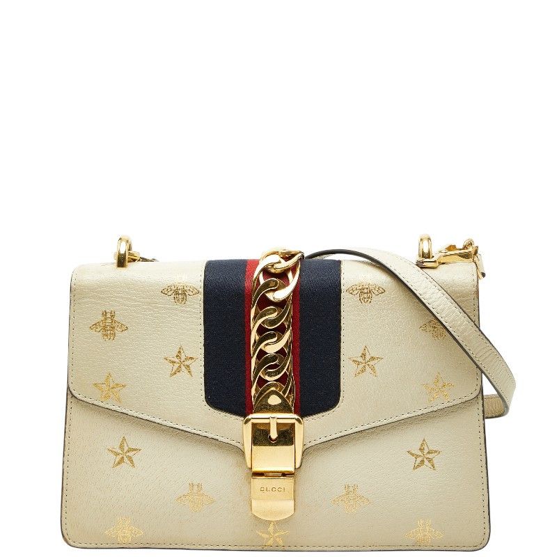 Gucci Gucci Sylvie Bee & Star Leather Shoulder Bag Leather Shoulder Bag 524405 Duty Free For Usa in White, Women's