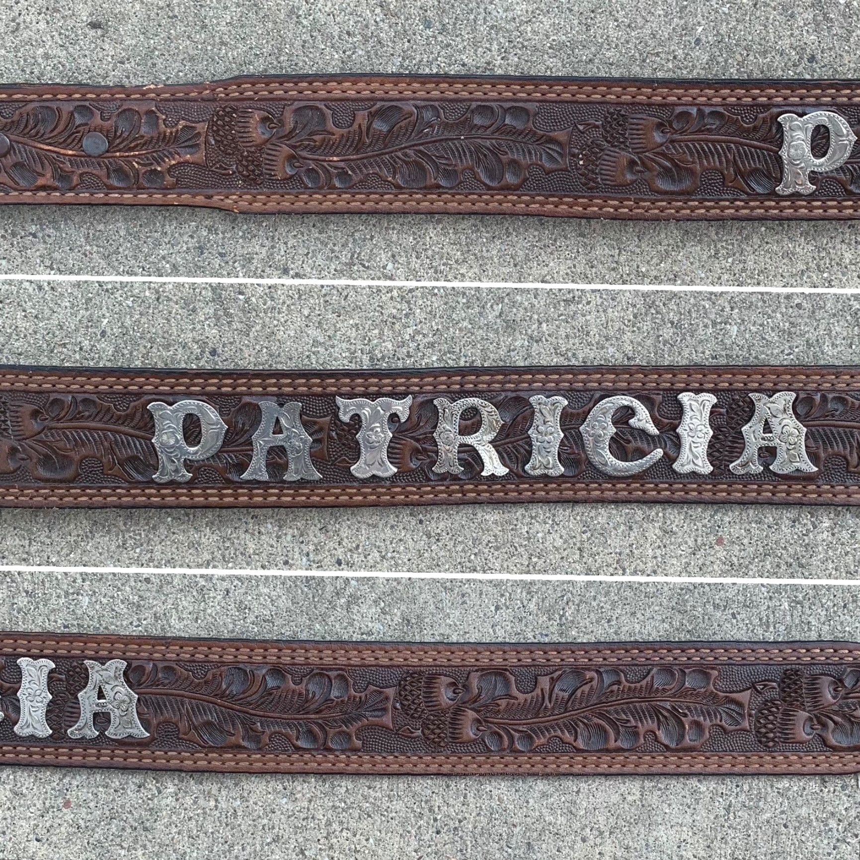 VINTAGE tooled leather belt PATRICIA silver belt tip STERLING MEXICO
