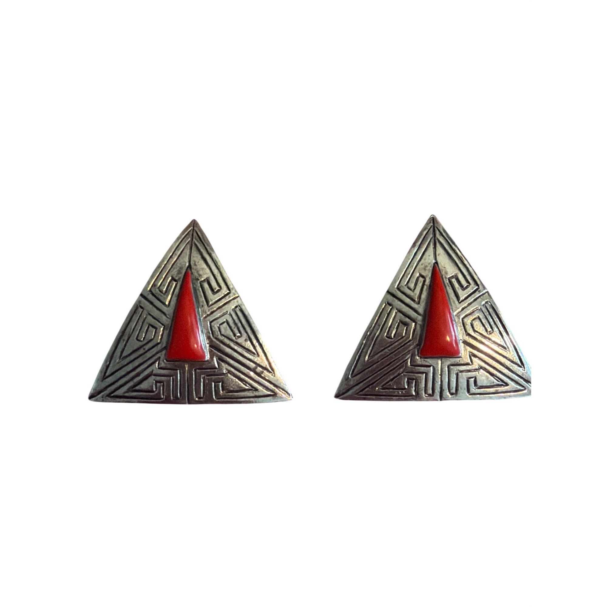 Other Vintage Triangular Silver Tone Earrings Red Enamel Center Ge Size ONE SIZE - 1 Thumbnail