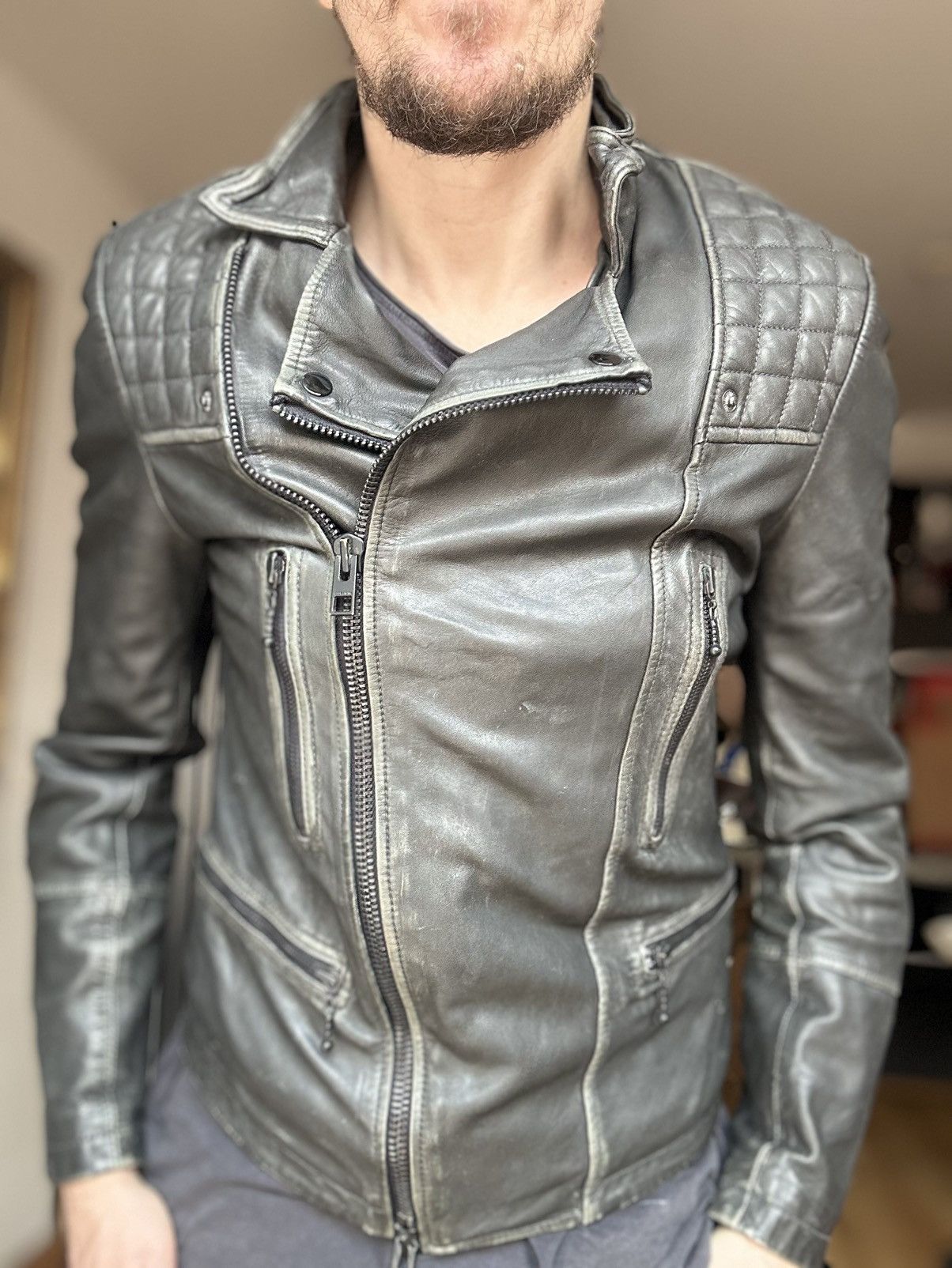 Allsaints All Saints Gray quilted Cargo biker moto leather Jacket XS Size US XS / EU 42 / 0 - 5 Thumbnail