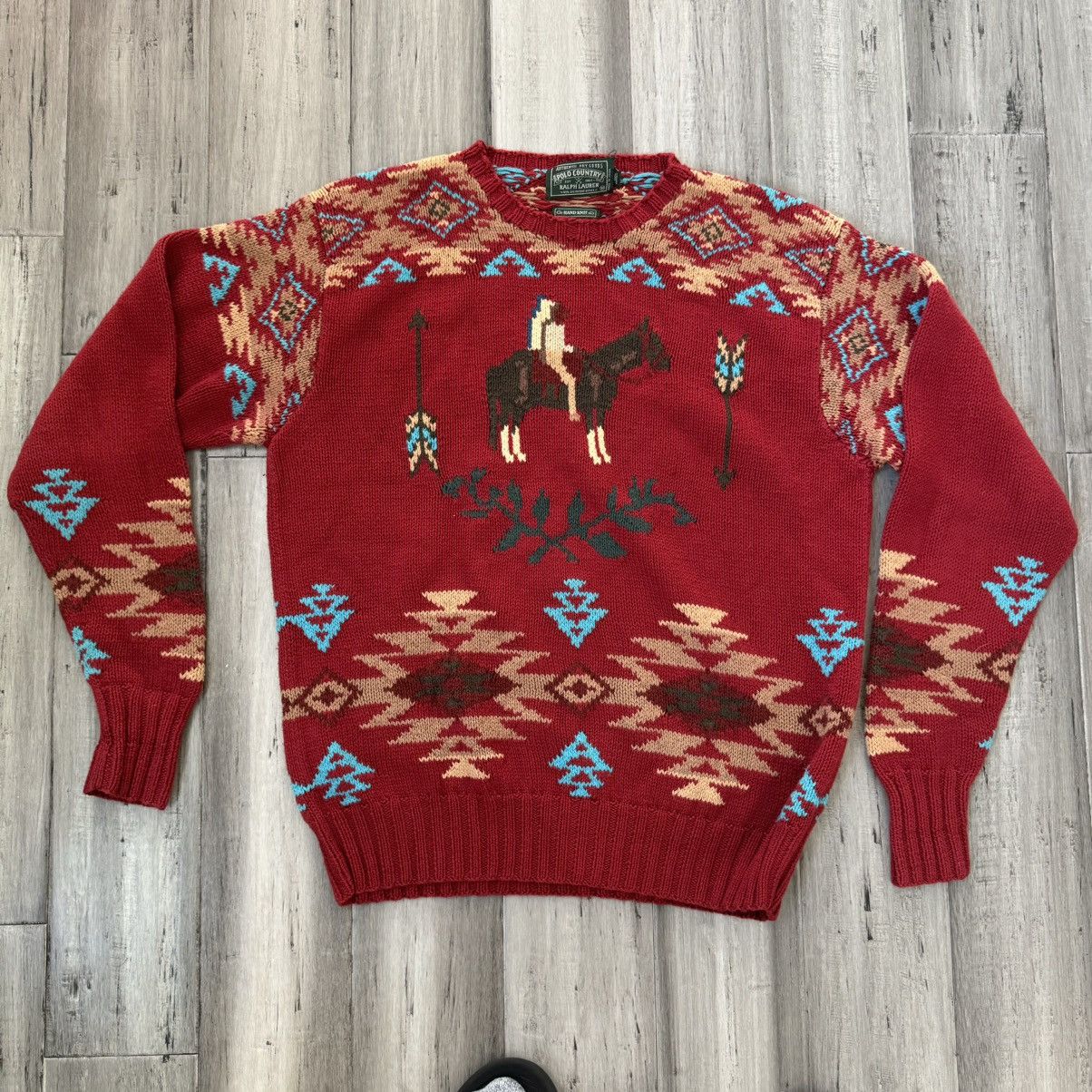 image of Polo Ralph Laurent Country Hand Knit Sweater Indian Chief in Red, Men's (Size Medium)