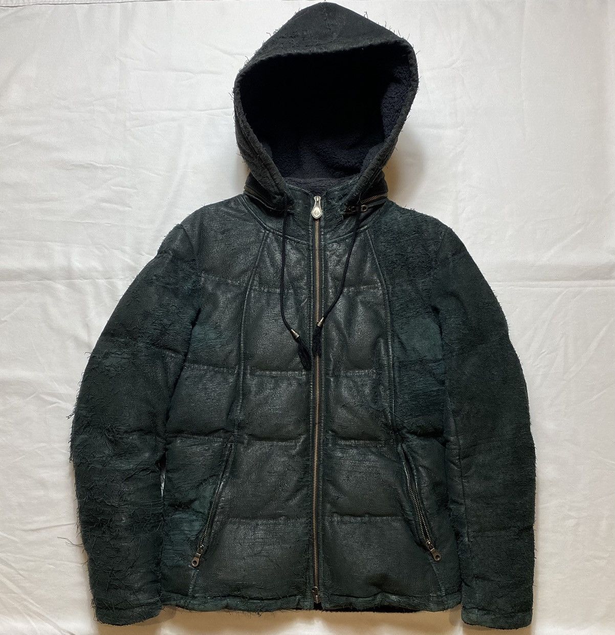 image of Kmrii Obelisk Decayed Leather Puffer Jacket in Black, Men's (Size Medium)