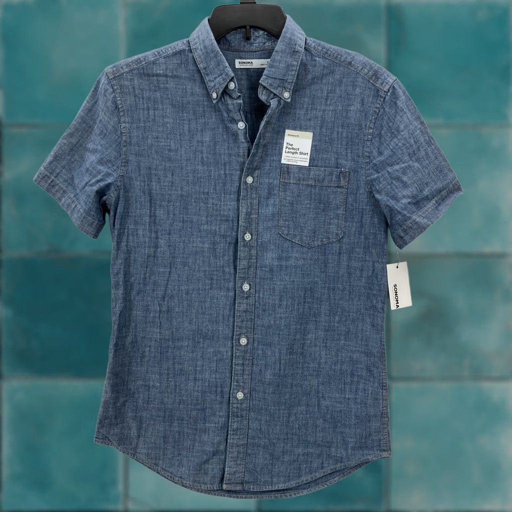 Denime Sonoma Shirt Mens Small Blue Chambray Denim Short Sleeve Button Up Standard Fit Size US S / EU 44-46 / 1 - 1 Thumbnail
