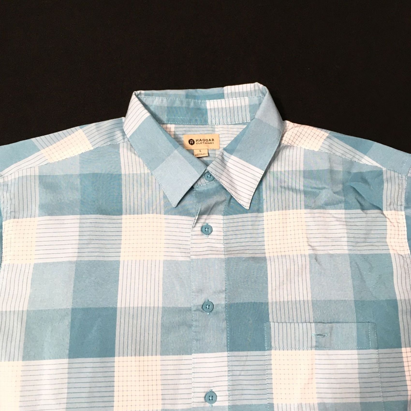 Haggar Haggar Shirt Short Sleeve Button-Down Pocket LIGHT Blue Plaid Large Men's Button-Up Casual Everyday Comfort Regular Fit Size US L / EU 52-54 / 3 - 2 Thumbnail