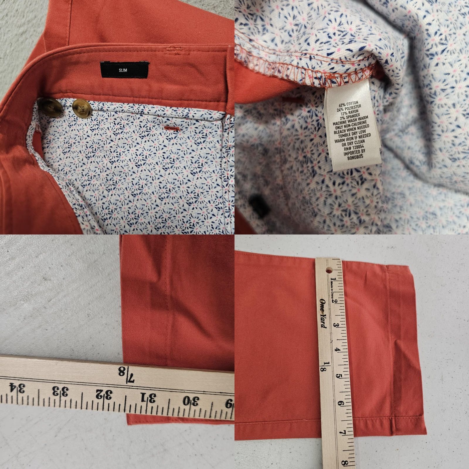 Bonobos Bonobos Chino Pants Mens 29x32 Slim Stretch Cotton Casual Tapered Leg Orange Solid Front Zip Pockets Mens Size US 29 - 8 Thumbnail