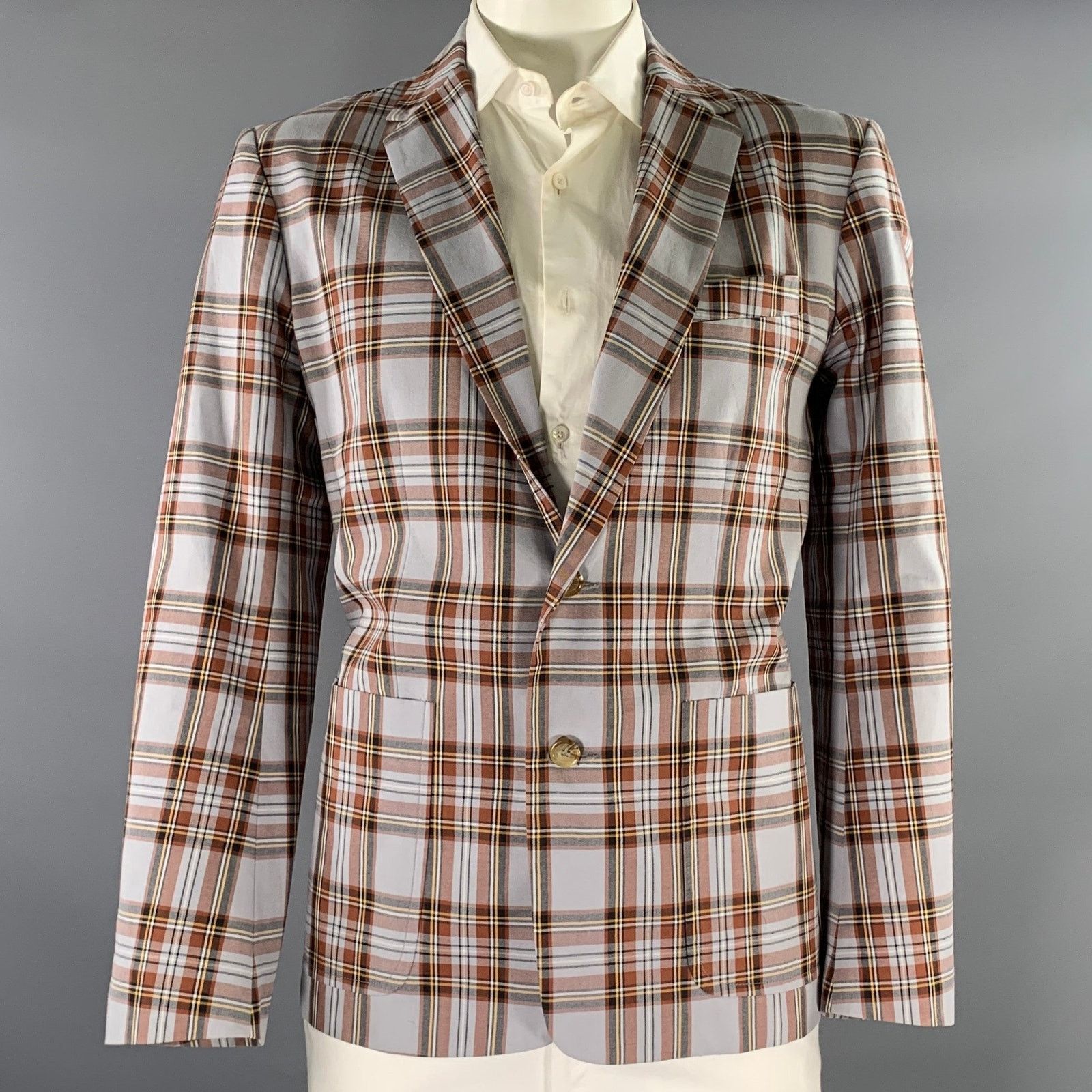 Mr Turk MR TURK 42 Grey Brown Plaid Cotton Notch Lapel Sport Coat Size 42R - 1 Thumbnail