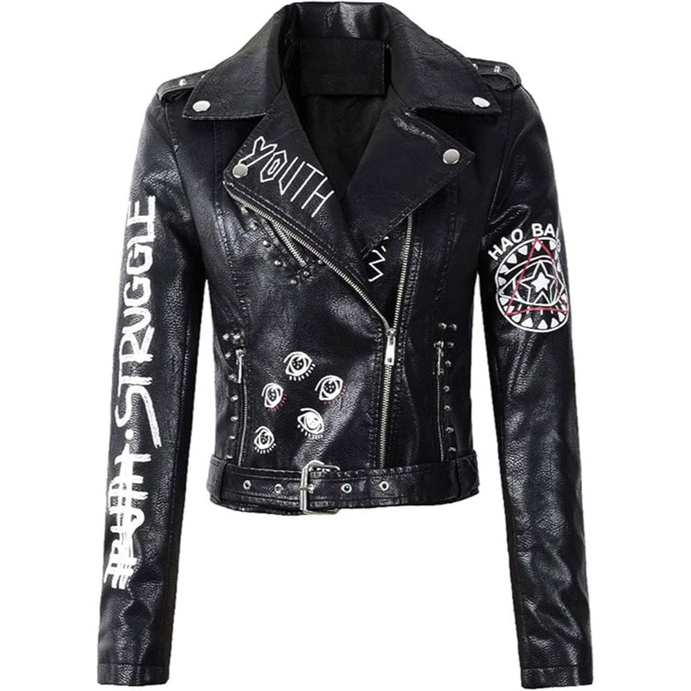 Other Black Punk Rock Graphic Studded Belted Vegan Leather Jacket Size M / US 6-8 / IT 42-44 - 9 Thumbnail