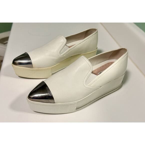Miu Miu Platform Slip on Sneakers White Leather Silver Toe Cap Size US 7 / IT 37 - 5 Thumbnail