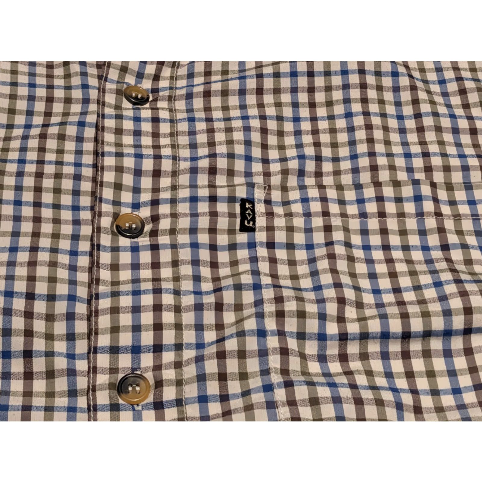 KAVU KAVU Plaid Long Sleeve Button Up Shirt Mens XL Blue Brown Knit Polyester Regular Fit Vintage? No (but avoid "Vintage" since No) Size US XL / EU 56 / 4 - 6 Thumbnail