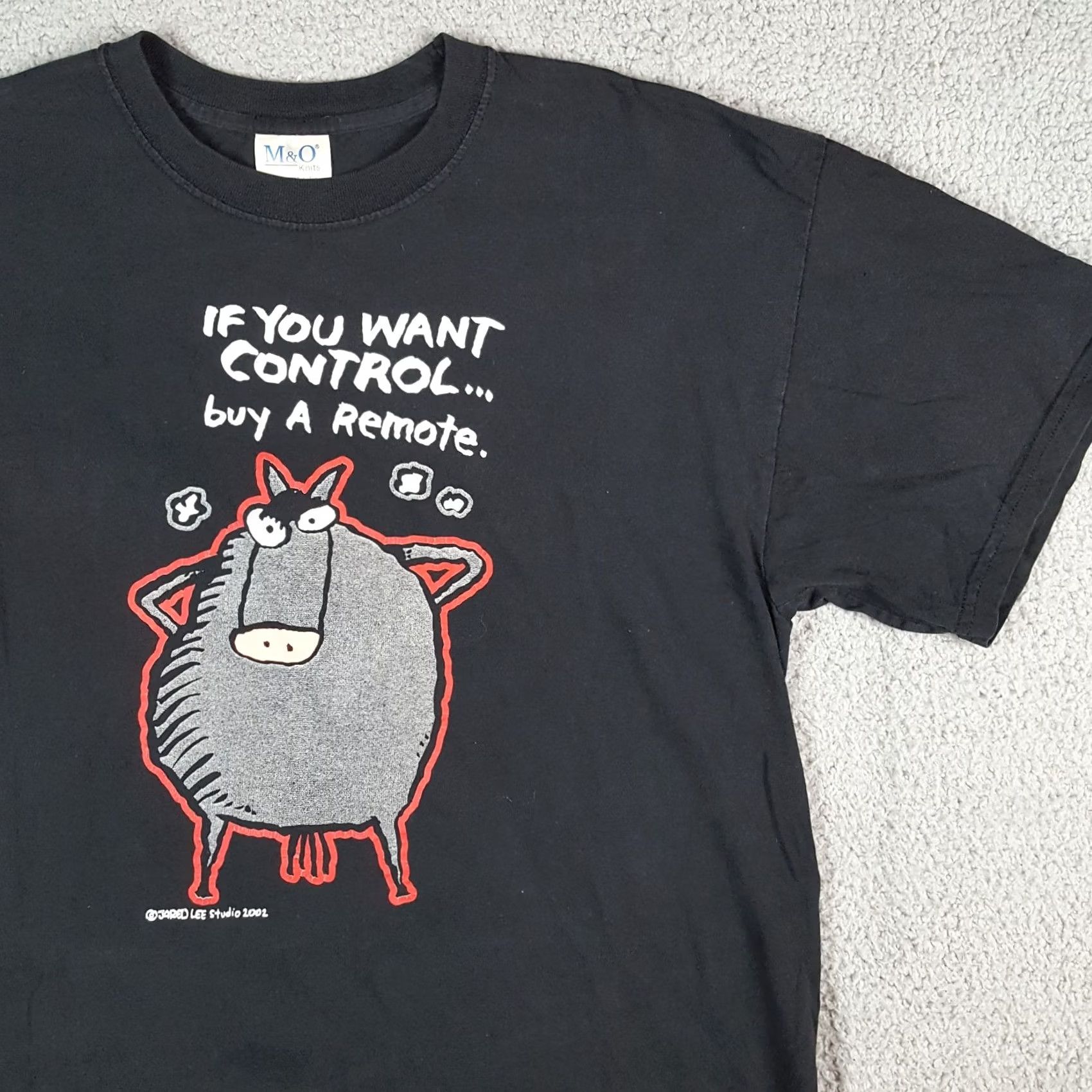 Lee Vintage M&O KNITS T-Shirt Men's XL Black Cotton Short Sleeve Crew Neck 90s Y2K Funny Horse Cartoon Logo Embroidered 00s Vintage Quality Shirt Size US XL / EU 56 / 4 - 2 Thumbnail