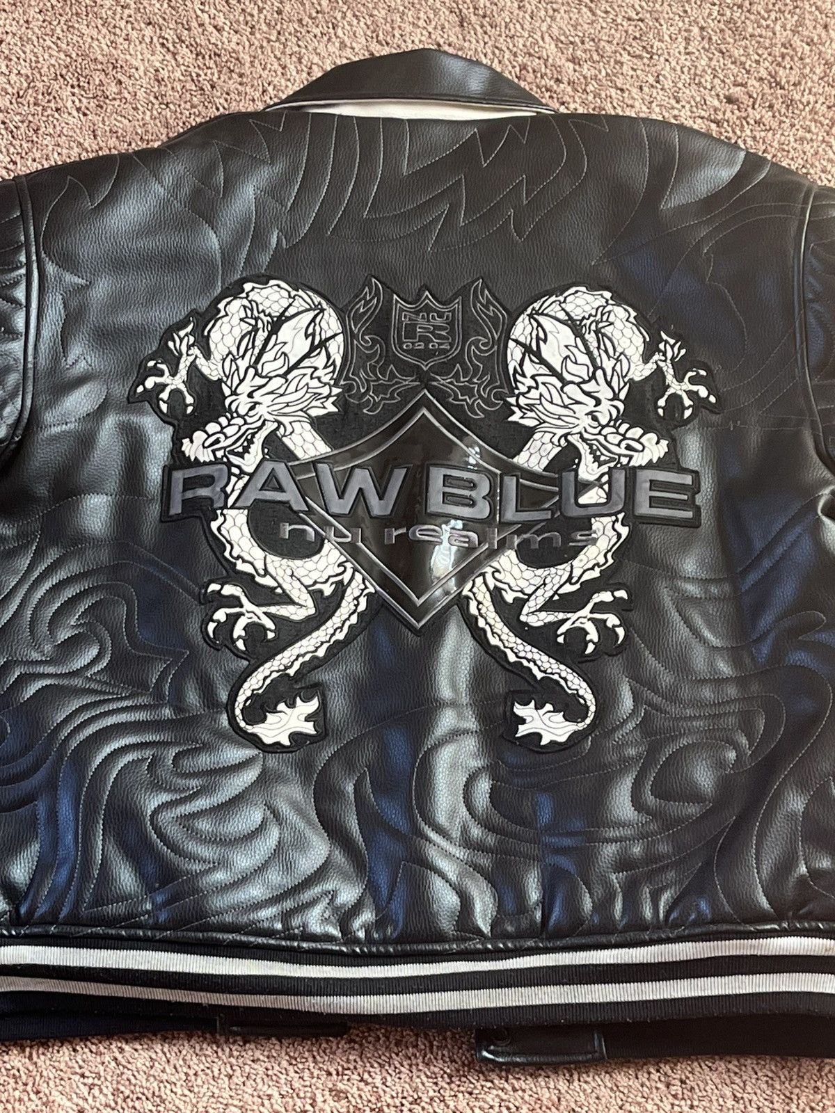 Other Raw Blue Leather Varsity Jacket–Quilted Dragon Embossed–Rare Size US XL / EU 56 / 4 - 4 Thumbnail