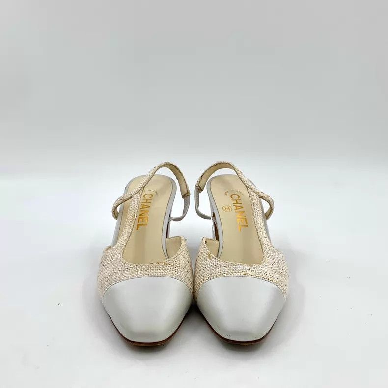 Chanel Chanel White woven tweed stitching thick high-heeled sanda Size US 7 / IT 37 - 3 Thumbnail