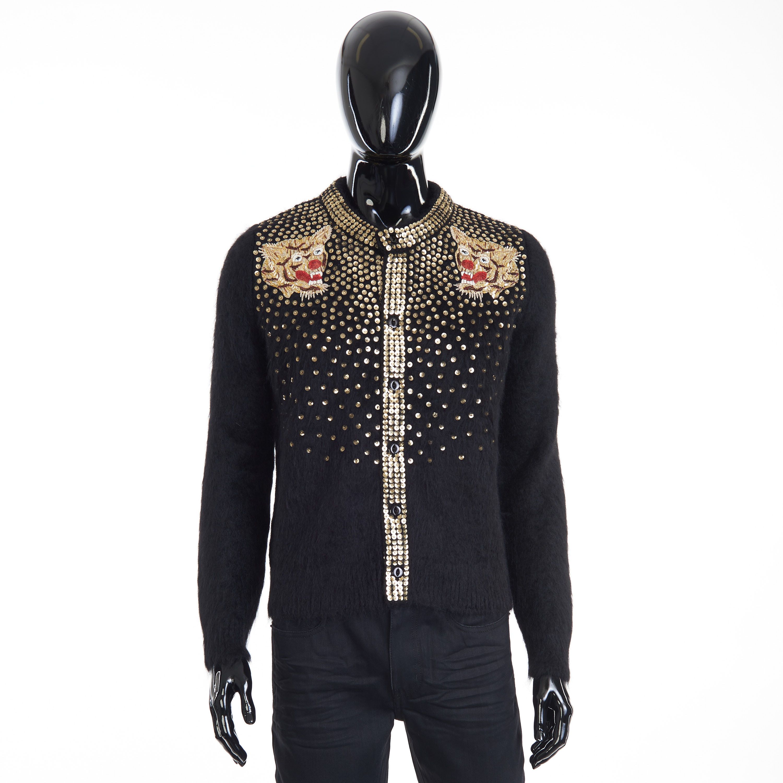 Celine Black Cardigan - Sequin Tiger Embroidery, Brushed Alpaca Size US M / EU 48-50 / 2 - 1 Thumbnail