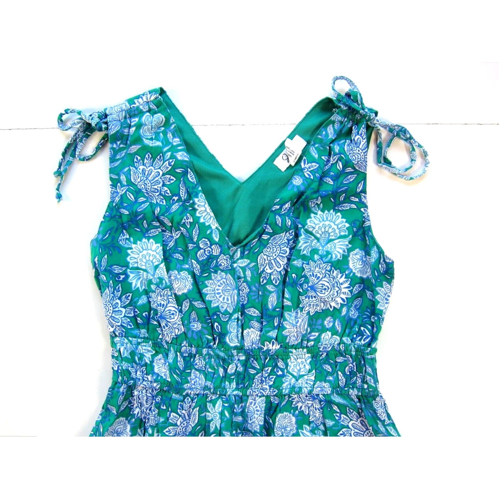 Vintage Japna 100% Rayon Green Blue White Floral V-Neck Long Maxi Sun Dress Small Womens Size S / US 4 / IT 40 - 4 Thumbnail