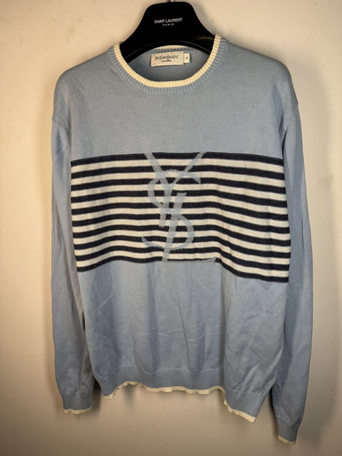Yves Saint Laurent Blue YSL Sweater Knit Light Big Logo Size US M / EU 48-50 / 2 - 16 Thumbnail