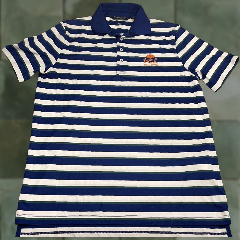 Ralph Lauren Ralph Lauren Polo Golf Mens M Navy / White Striped Short Sleeve 100% Polyester Polo Shirt PGA Ocean Course 2021 Size US M / EU 48-50 / 2 - 1 Thumbnail