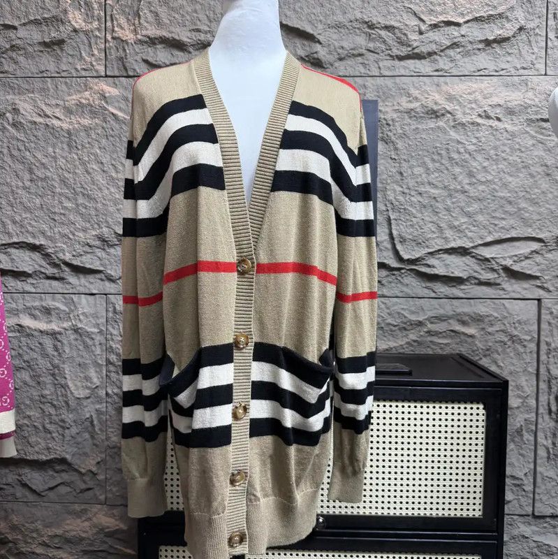 Burberry Beige Wool Cardigan with Stripes
