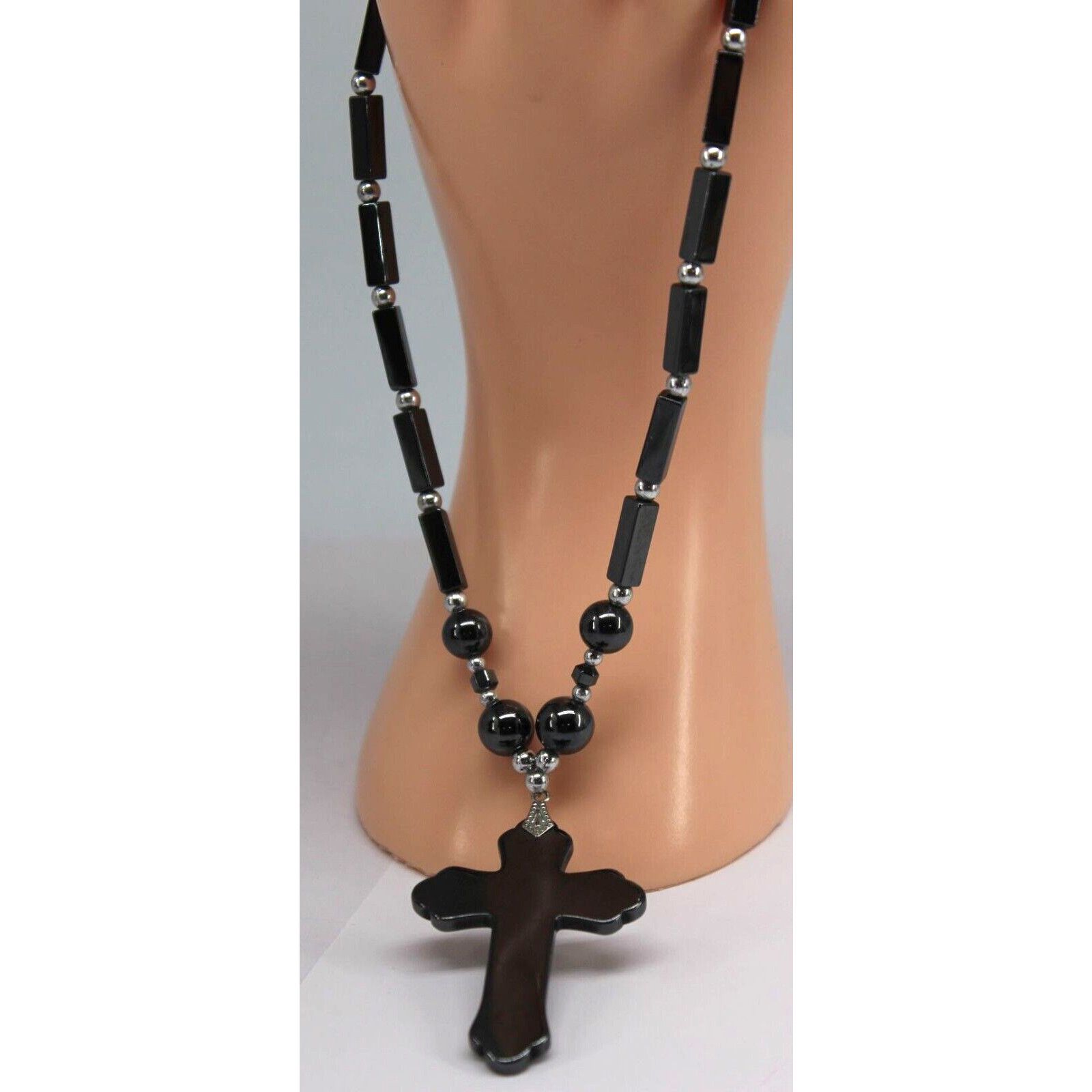 Other Hematite Christian Cross Pendant Long Round Silvertone Beads Size ONE SIZE - 2 Thumbnail