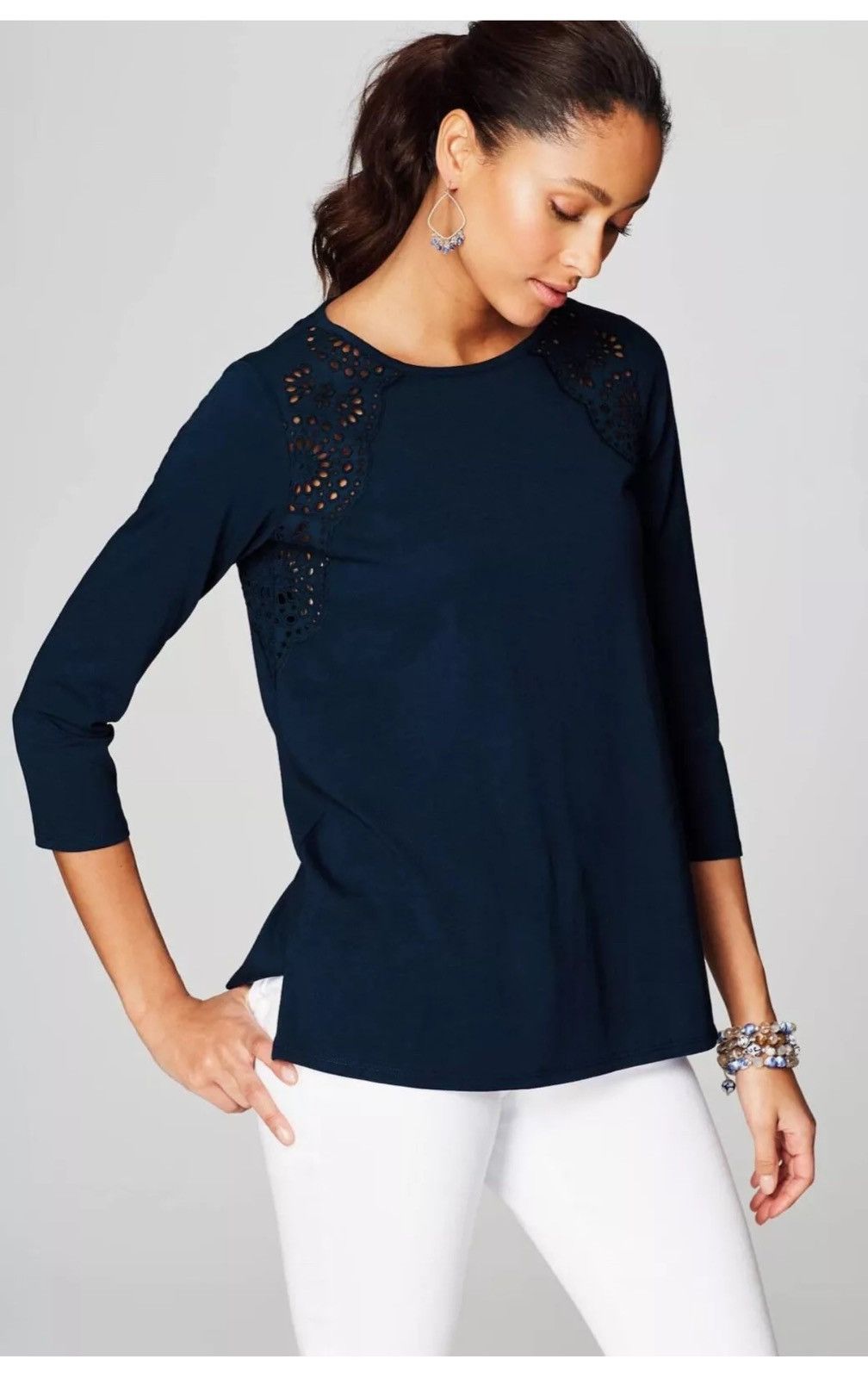 Other NWT J Jill Navy Blue Eyelet Knit Top Tee XS Cotton Tie Back Size XS / US 0-2 / IT 36-38 - 1 Thumbnail