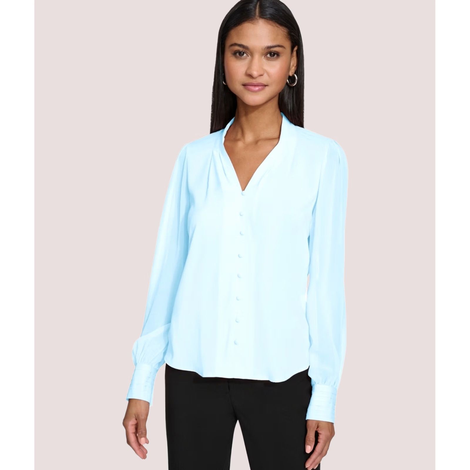 Calvin Klein Calvin Klein Womens Blouse XL ltpasblue Pleated-Cuff Button Down Size XL / US 12-14 / IT 48-50 - 1 Thumbnail