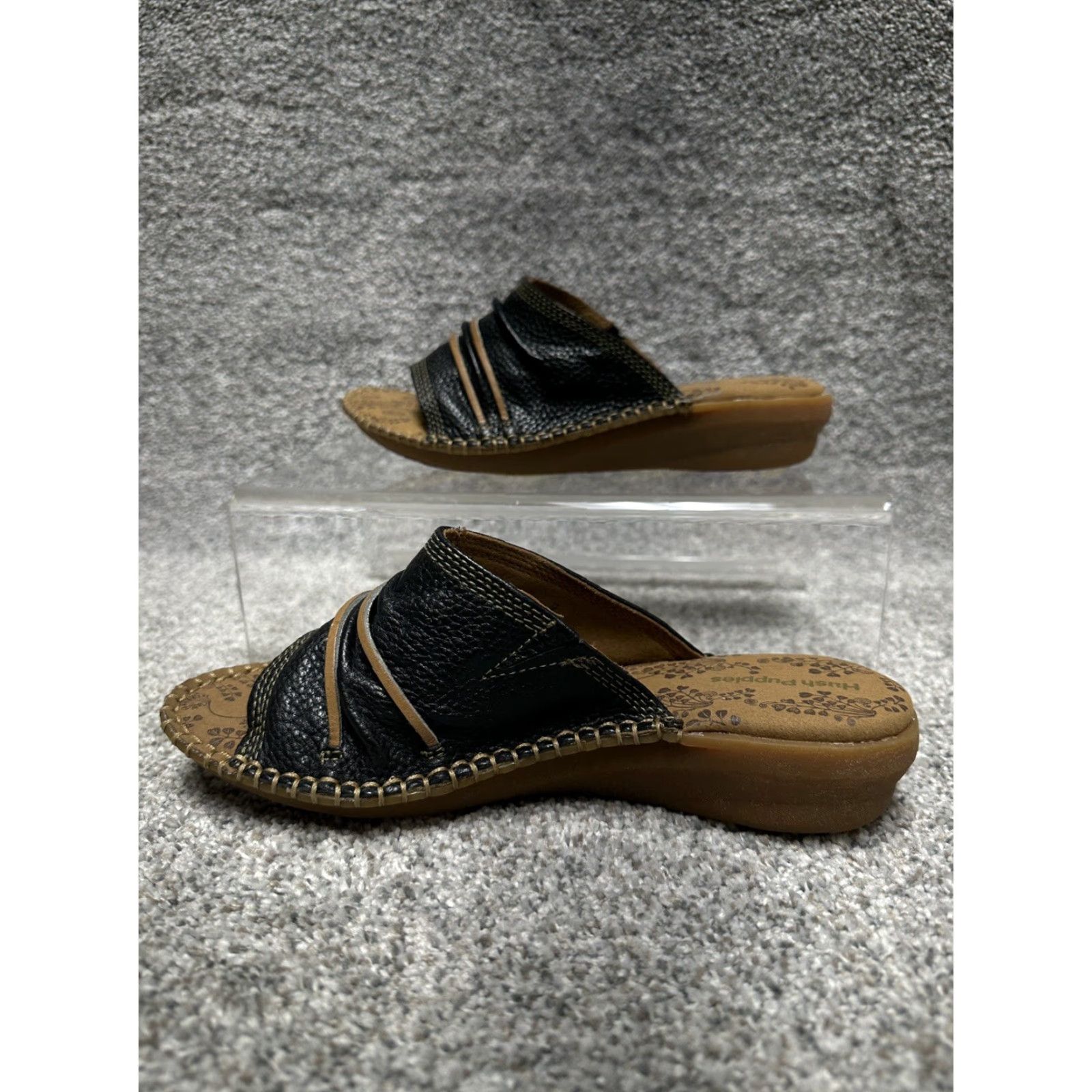 Hush Puppies VINTAGE Hush Puppies Leather Slides Sandal Women 6 Wide Black Wedge Comfort Cushioned Resort Slip On Size US 6 / IT 36 - 4 Thumbnail