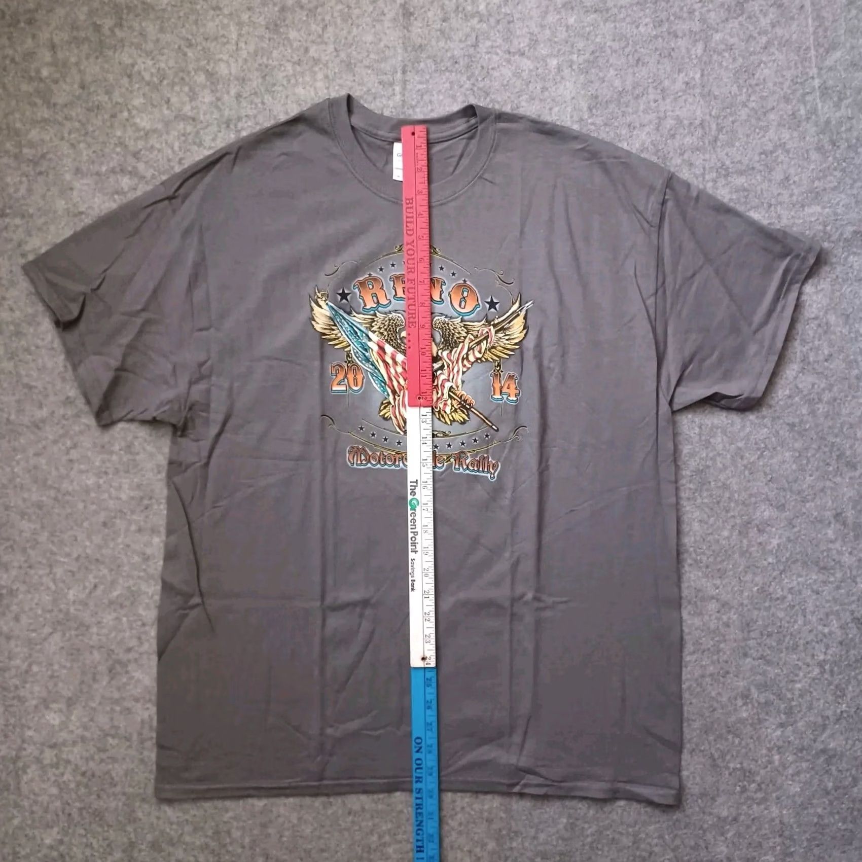 Gildan Reno Motorcycle Rally Mens Shirt XL Gray Two Side Graphic Eagle Flag Logo 2014 Size US XL / EU 56 / 4 - 7 Thumbnail