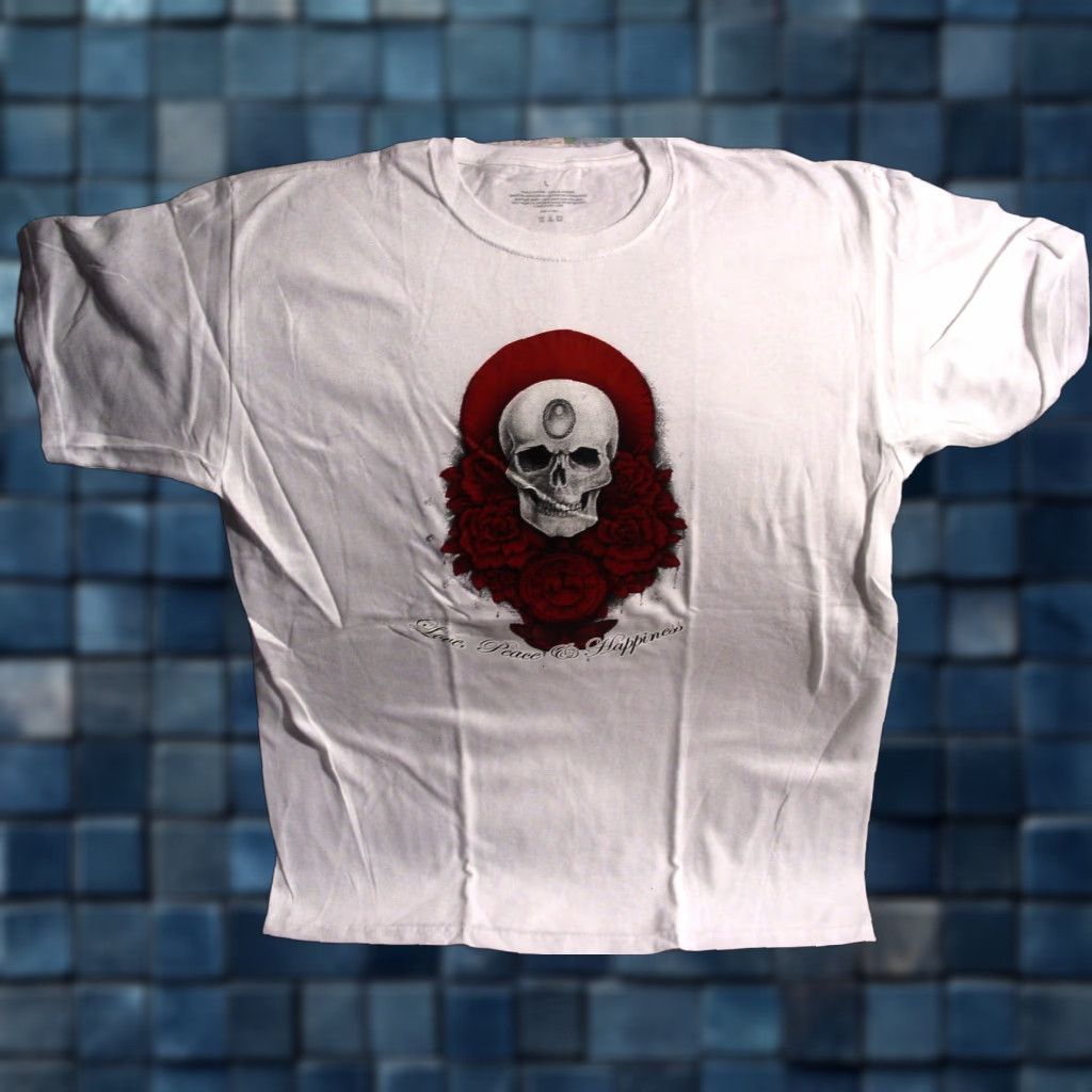 Vintage VINTAGE Skull Rose Flower Butterfly Love Peace Happiness Graphic T-Shirt Men Large White Size US L / EU 52-54 / 3 - 1 Thumbnail
