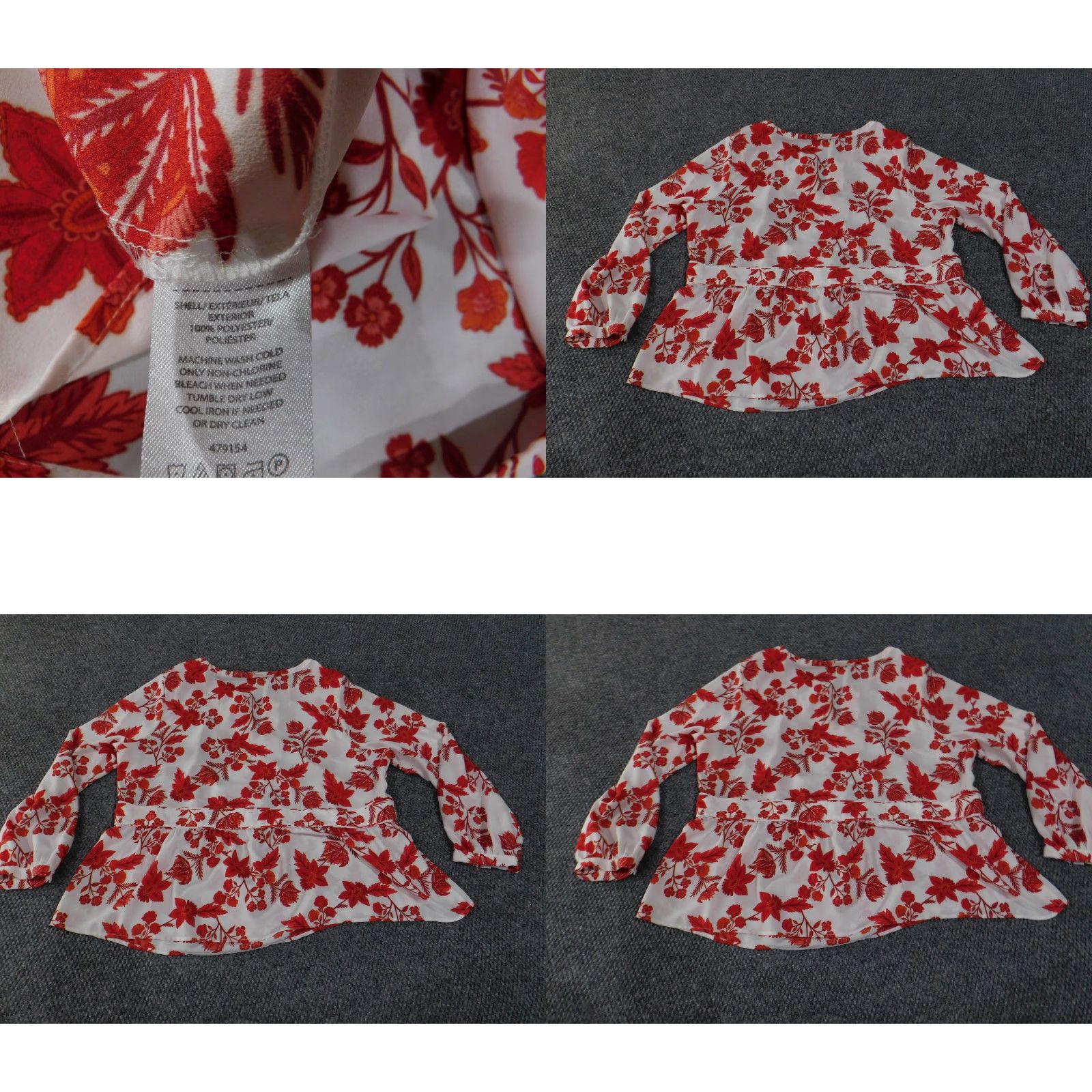 Ann Taylor Loft Blouse Womens 16 White Red Floral Long Sleeve Peplum Flowing Top Size XXL / US 16-18 / IT 52-54 - 8 Thumbnail