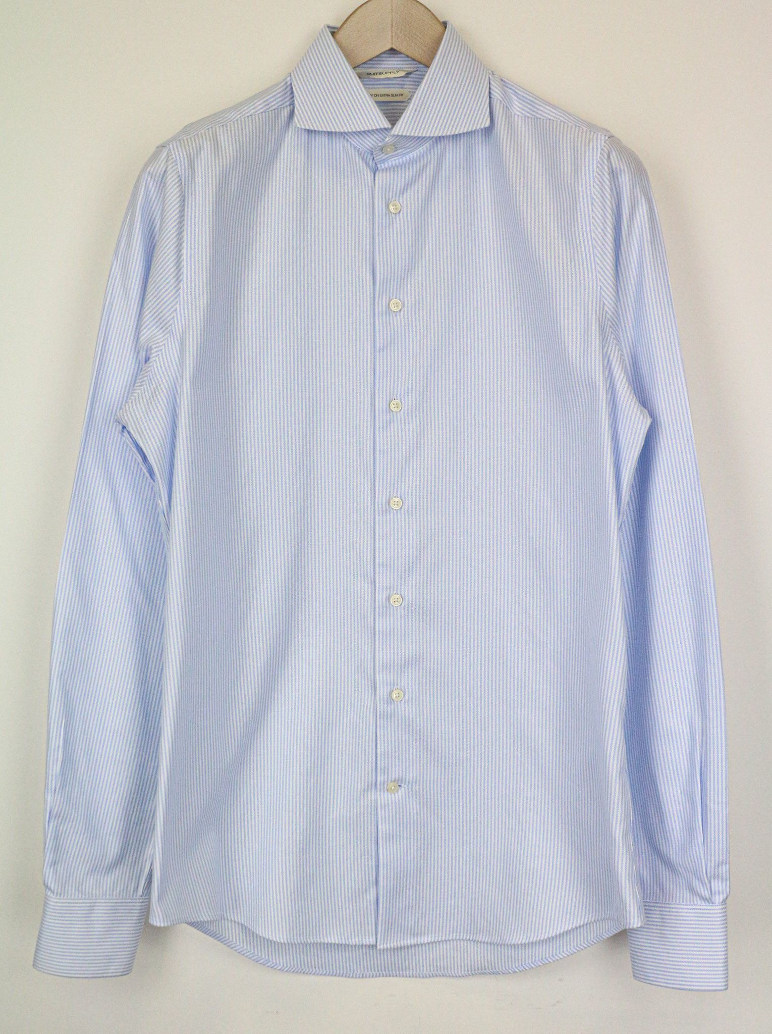 Suitsupply 39L/15 1/2L Extra Slim Blue Cotton Striped Shirt 77028 Size 38R - 1 Thumbnail