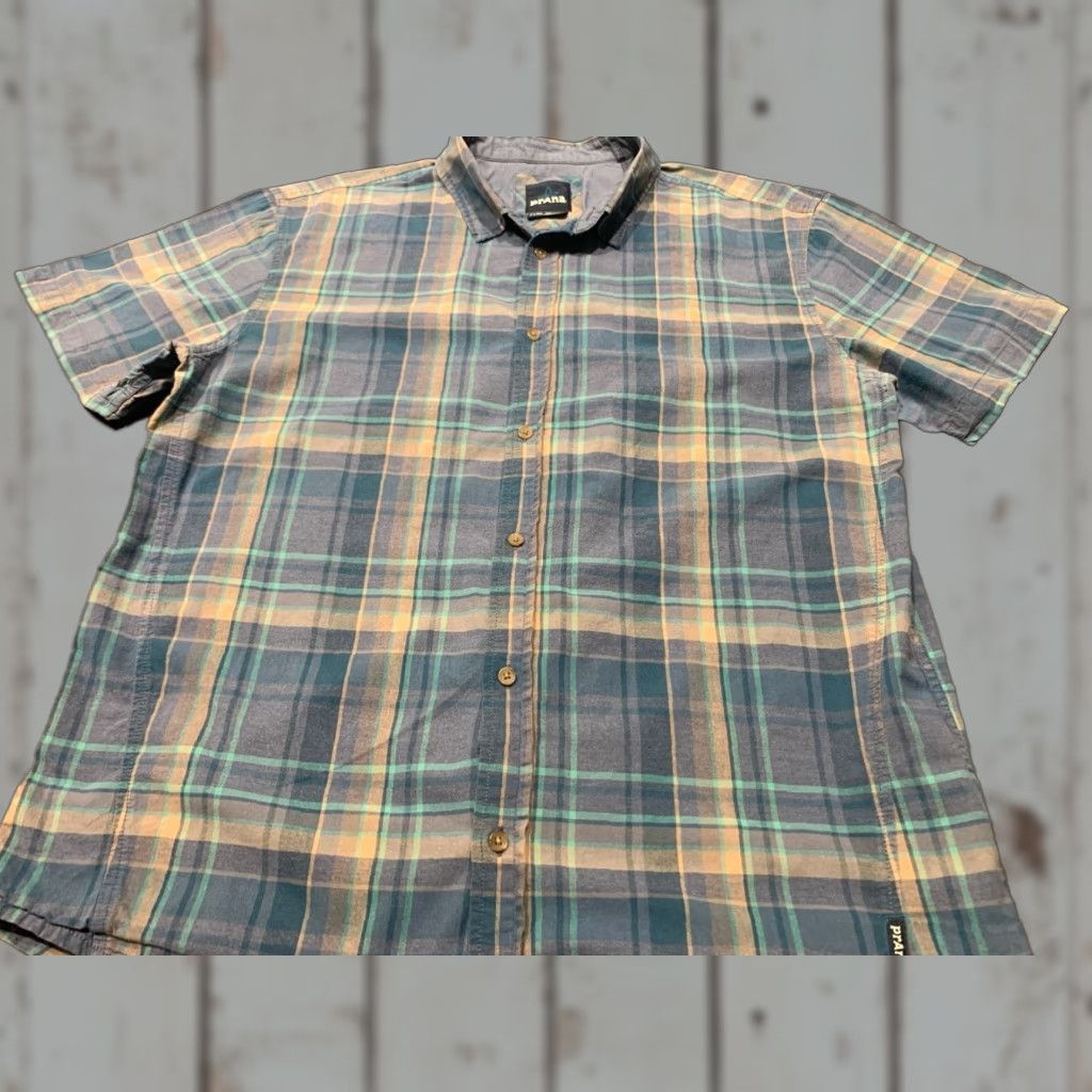 Prana prAna Men's Short Sleeve Button-Down Shirt Blue Plaid XL Casual All Seasons Size US XL / EU 56 / 4 - 1 Thumbnail