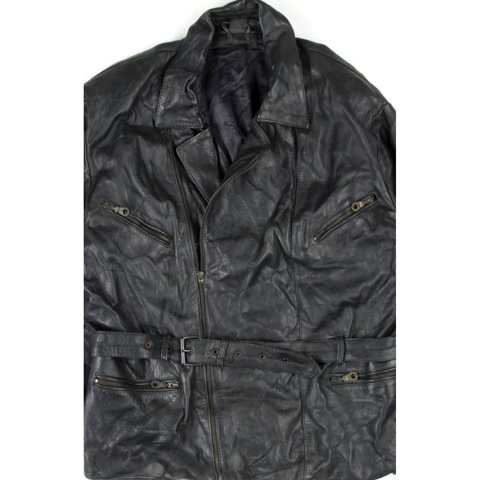 Vintage VINTAGE Black Leather Motorcycle Jacket Large Biker Belted 291 Mens Size US L / EU 52-54 / 3 - 2 Thumbnail