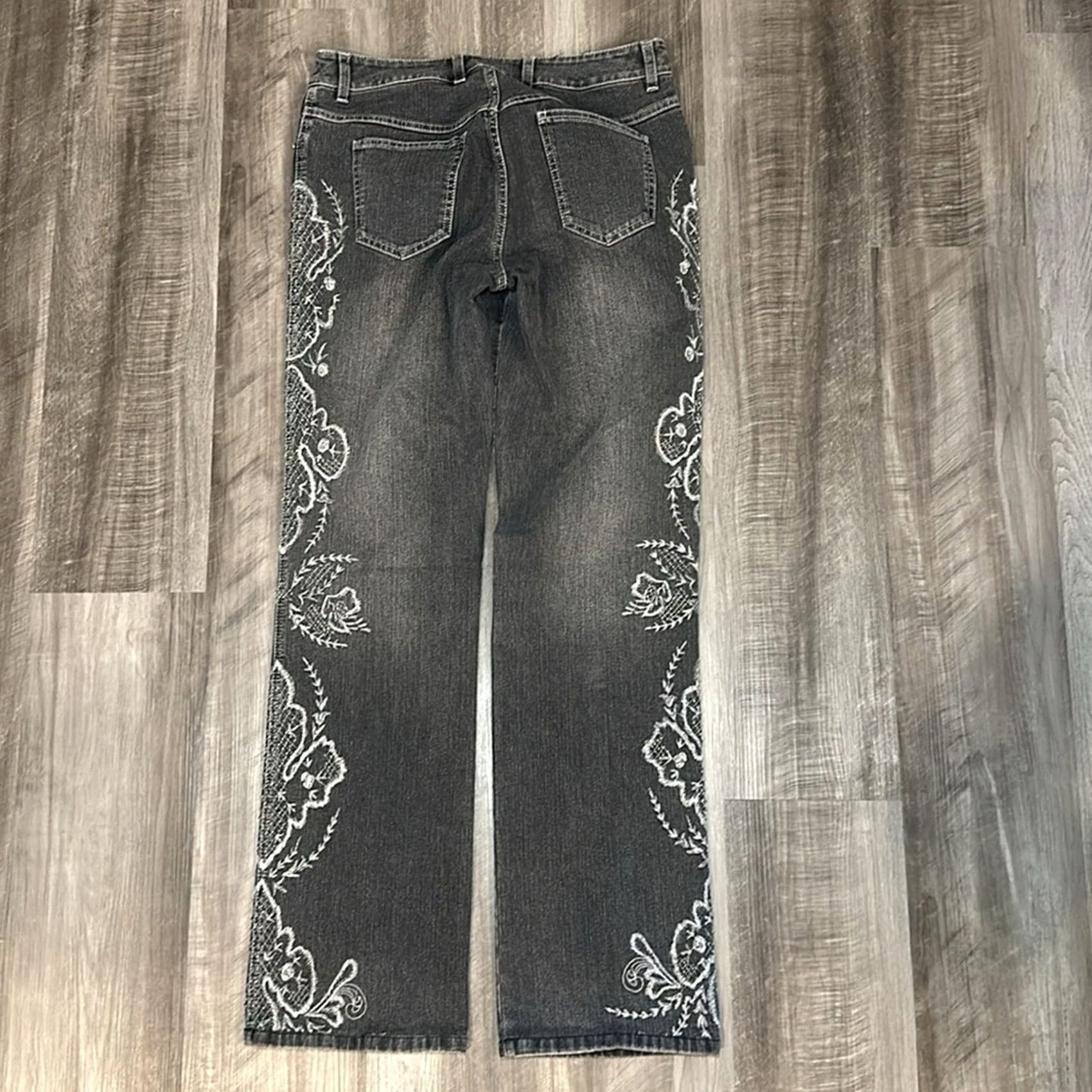 Escada VINTAGE ESCADA Black Washed Floral Stitched Beaded Embroidery Boot Cut Jeans - 38 (US 8) Womens Jeans Size 30" / US 8 / IT 44 - 2 Thumbnail