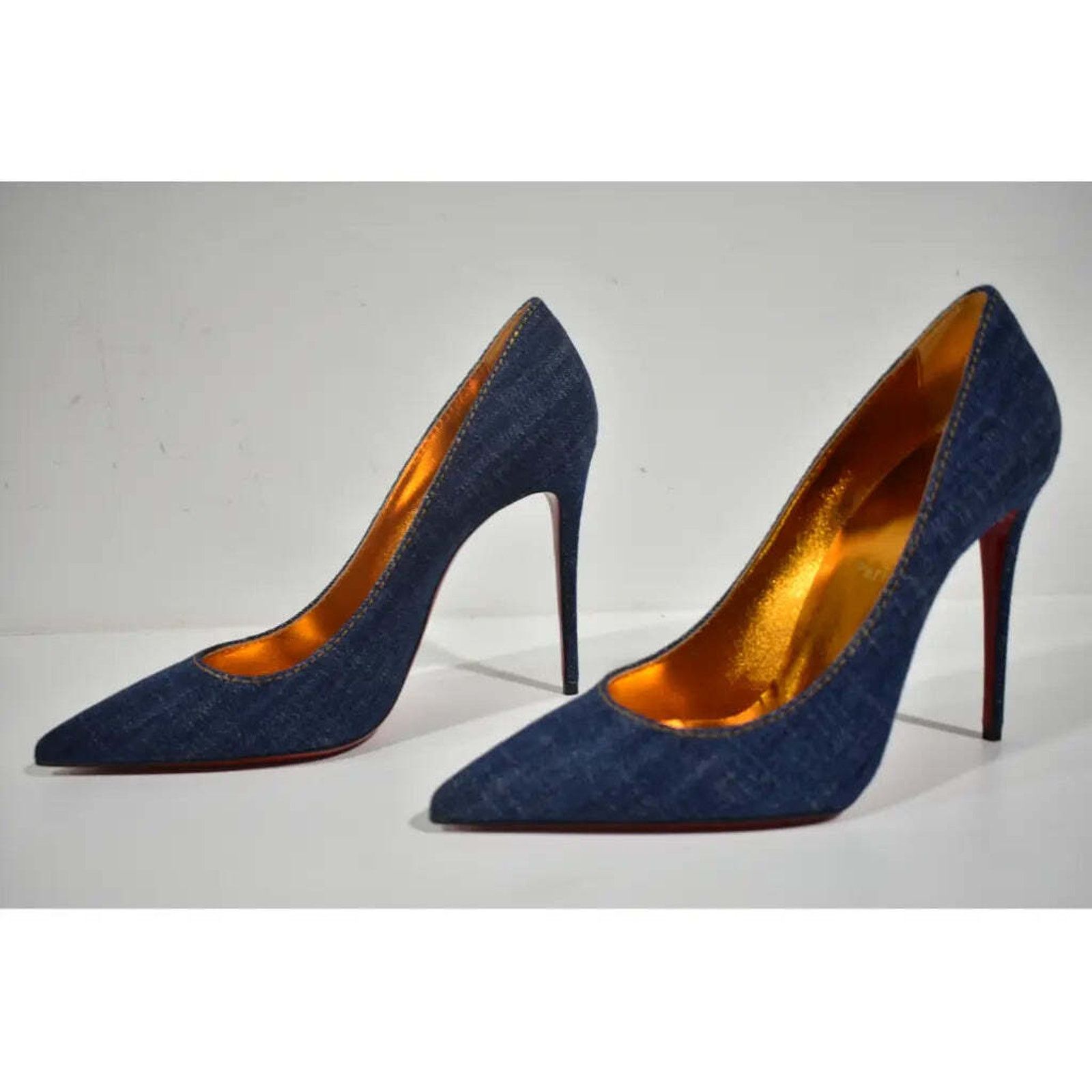 Christian Louboutin Kate 100 Blue Denim Saba Gold Stiletto Pointed Heel Pump 40 Size US 10 / IT 40 - 9 Thumbnail