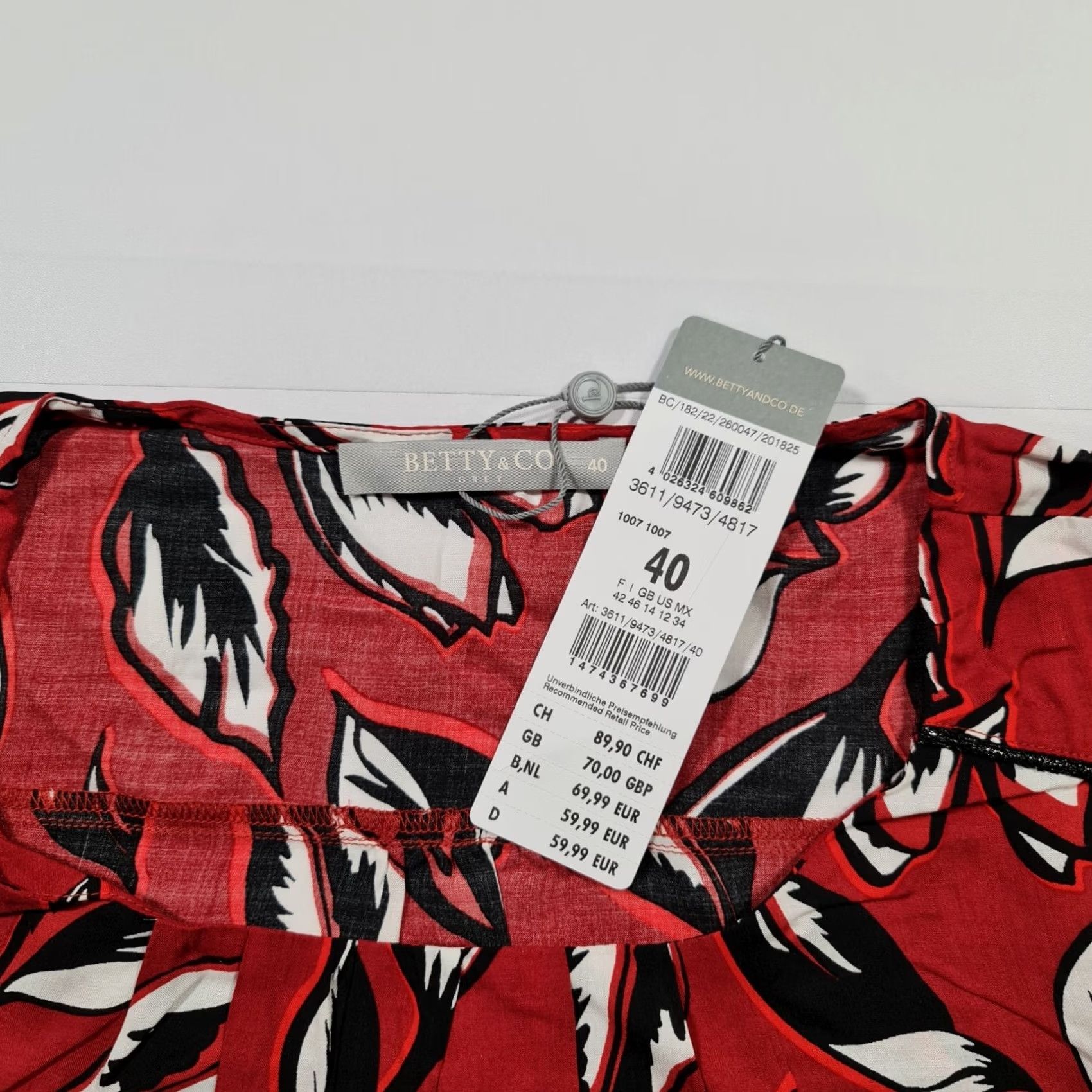 CO Betty & CO Womens Blouse Red 14 UK Floral 3/4 Sleeves Elastic Hem Top Size XL / US 12-14 / IT 48-50 - 3 Thumbnail