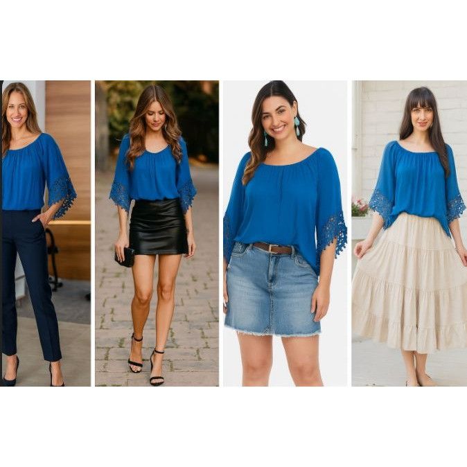Other Melissa Paige Blue Crochet Sleeve Women's Blouse L Viscose B Size L / US 10 / IT 46 - 1 Thumbnail