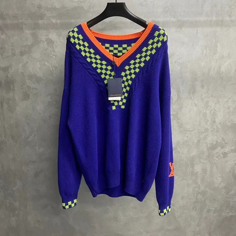louis vuitton Blue contrasting checkerboard knit logo sweat