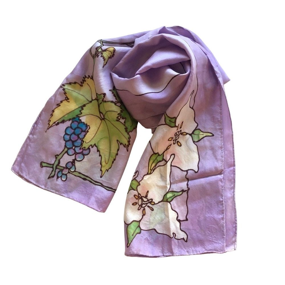 Handmade Vintage 90s Handcrafted Silk Scarf White Trillium 59x14 in Size ONE SIZE - 2 Thumbnail