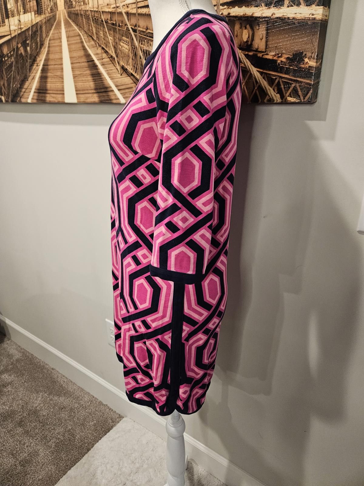 Designer Crown & Ivy Geometric Patterned Dress - Pink & Navy #268 Size XS / US 0-2 / IT 36-38 - 2 Thumbnail