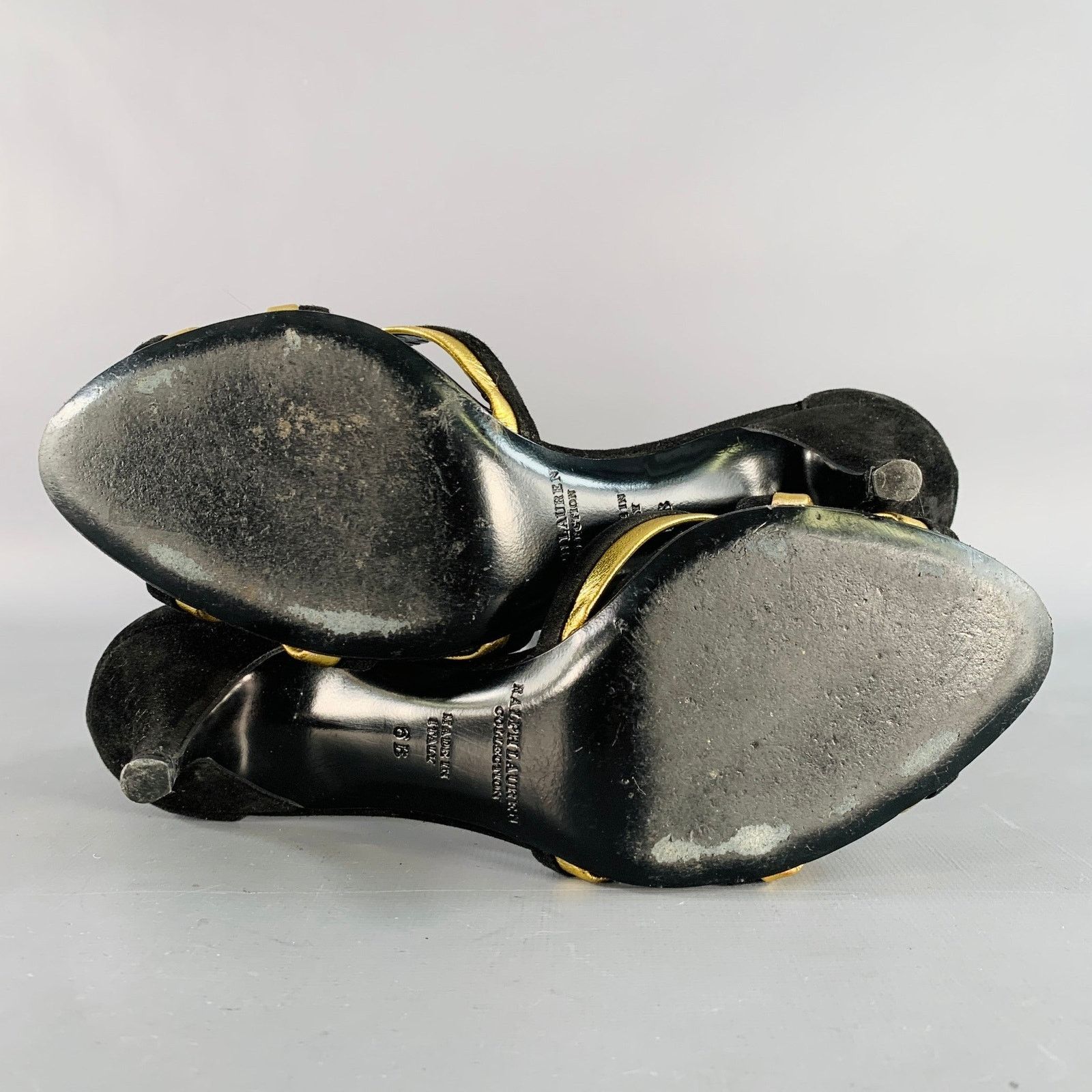 Ralph Lauren Black Metallic Gold Suede Leather Strappy Ankle Sandals Size US 6 / IT 36 - 6 Thumbnail