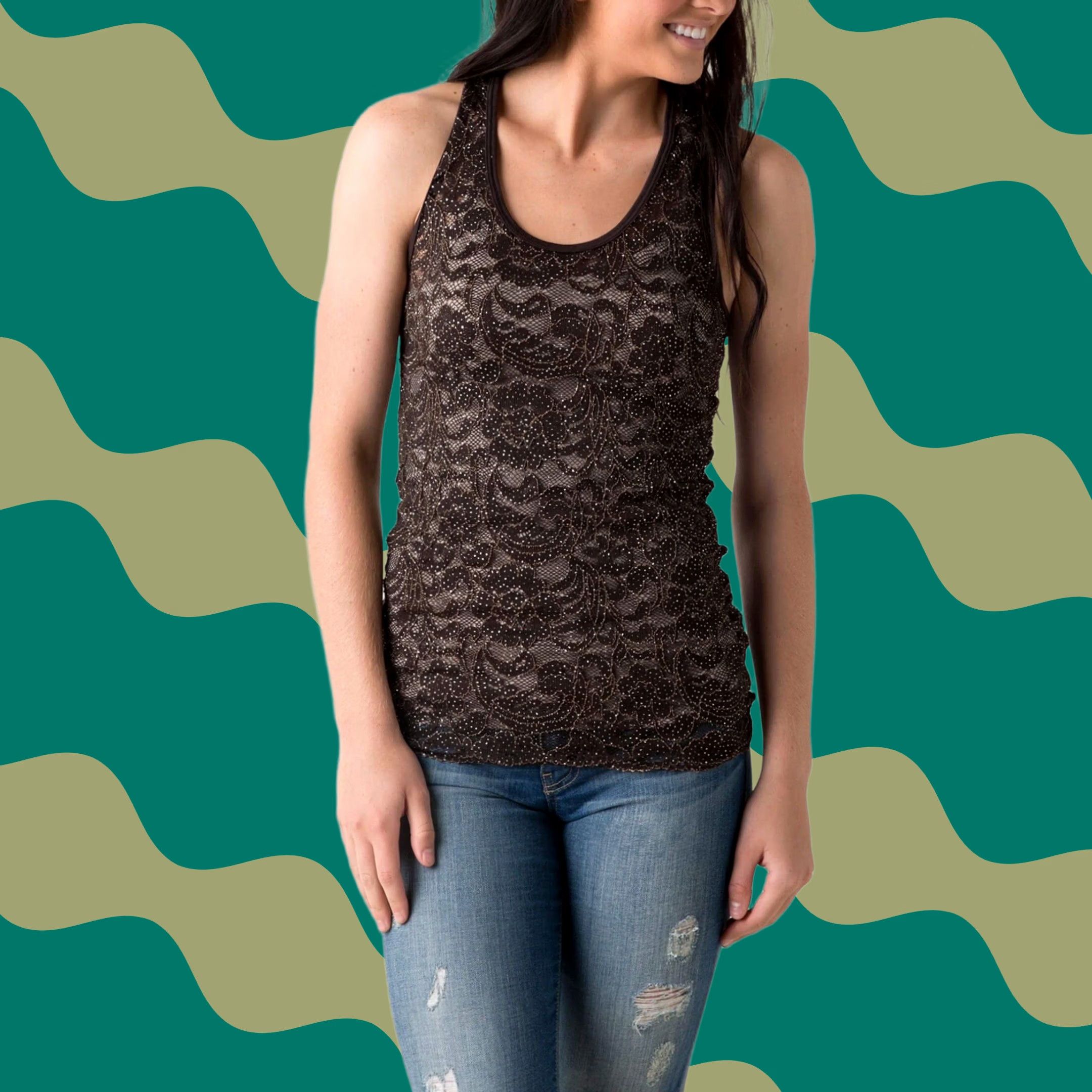 Vintage Buckle Tank Top Women Brown Floral Lace Fitted Sparkly Glitter Layering Sleeveless S Brown Lion Size S / US 4 / IT 40 - 1 Thumbnail