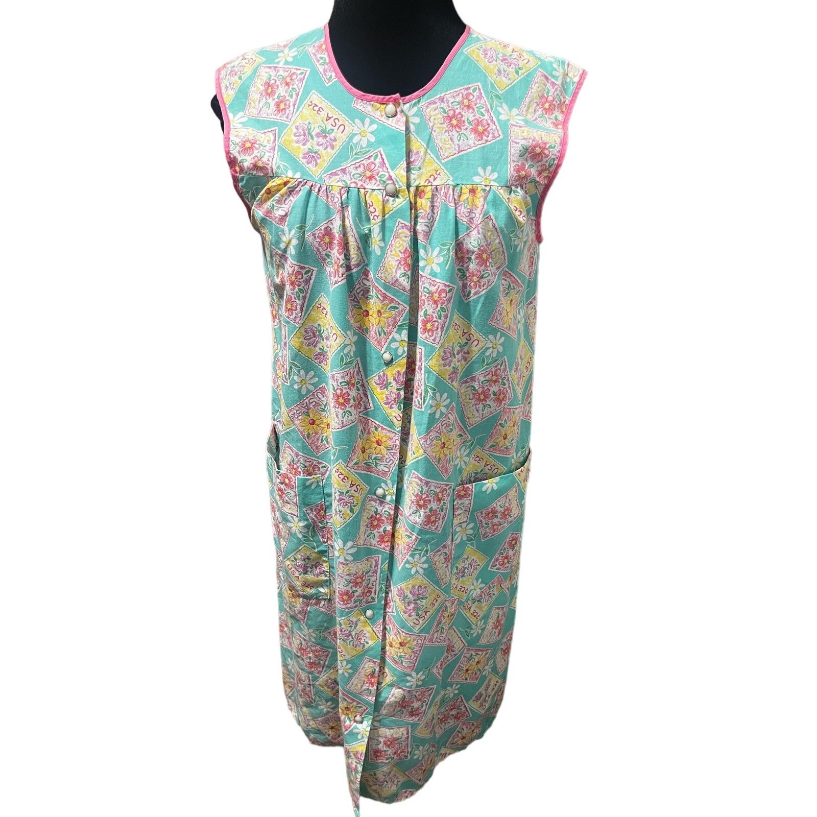 Vintage Vintage 60s Blue Yellow Stamps Snap Front Day Dress Medium Size M / US 6-8 / IT 42-44 - 2 Thumbnail