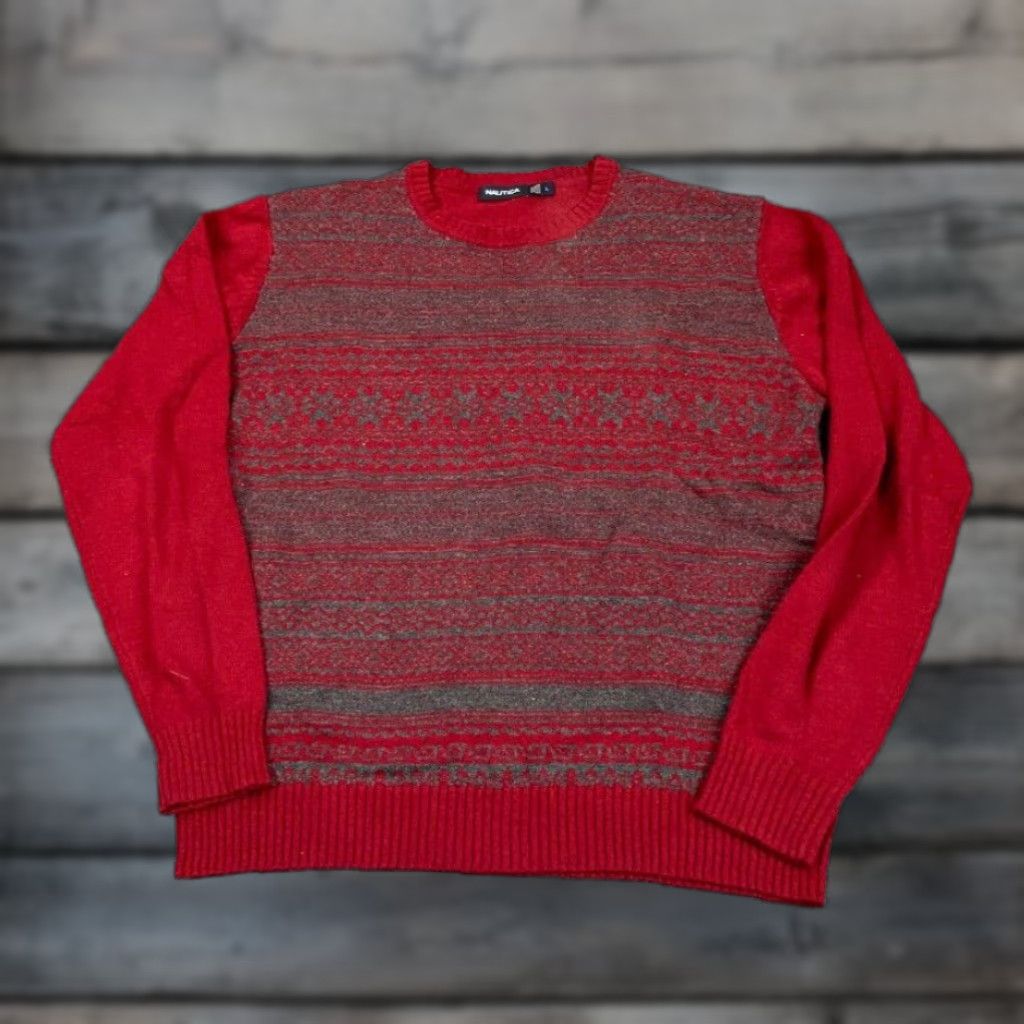 Nautica VINTAGE Nautica Geometric Sweater Men Adult Large Red Gray Wool Lightweight Knit Pullover Crew Neck Long Sleeve 90s Classic Dad Hipster Retro Size US L / EU 52-54 / 3 - 1 Thumbnail