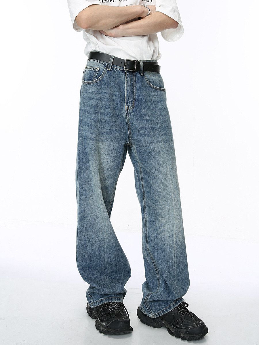Japanese Brand Men's JapaneseTrendy Washed Whiskered Loose Straight Jeans Size US 32 / EU 48 - 2 Thumbnail