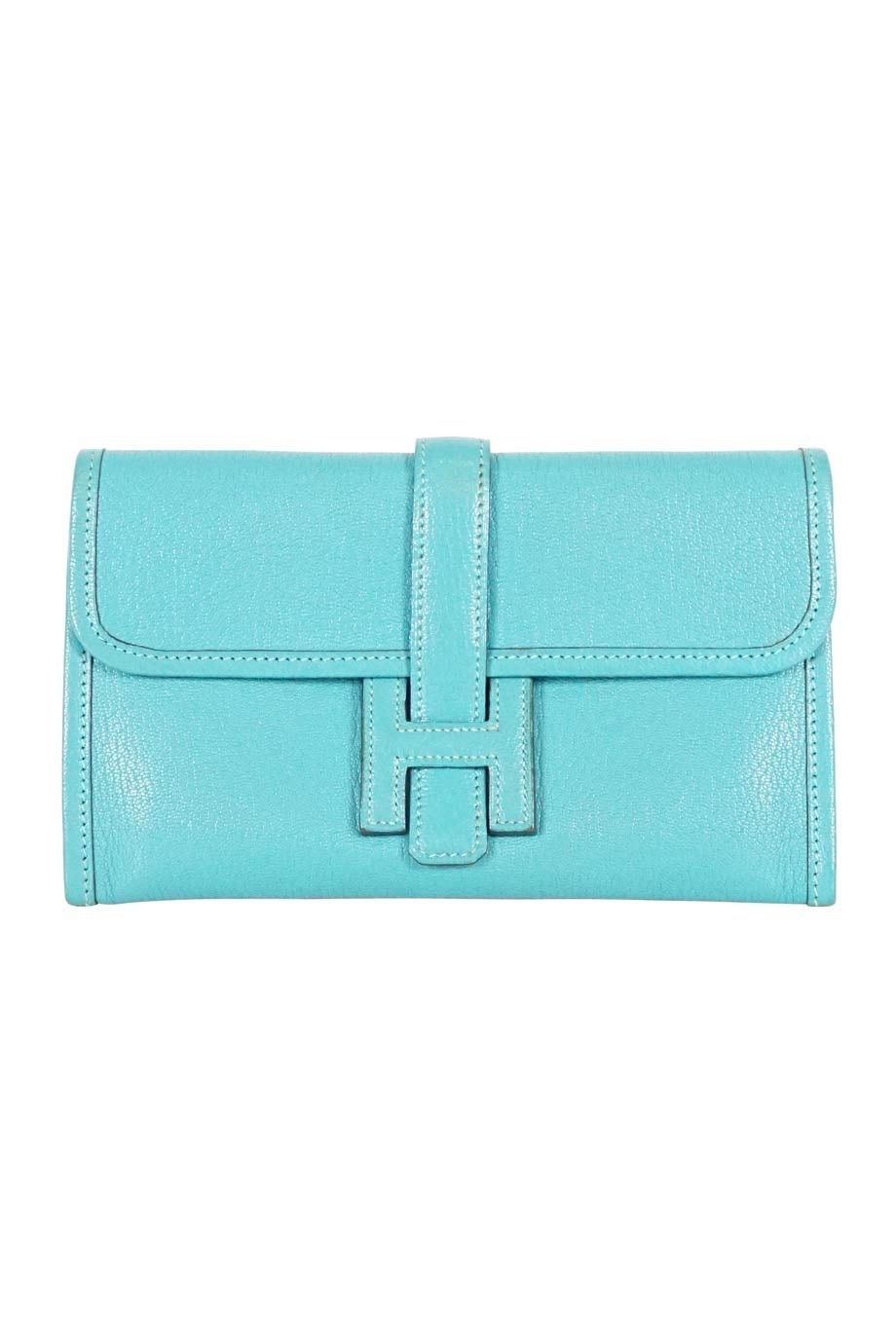 image of Hermes Turquoise Jige Leather Clutch in Blue, Women's
