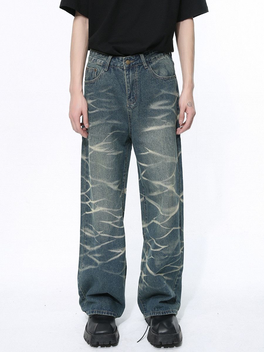 Japanese Brand Men's American Retro Tie-Dye Straight Leg Loose Washed Jeans Size US 32 / EU 48 - 1 Thumbnail