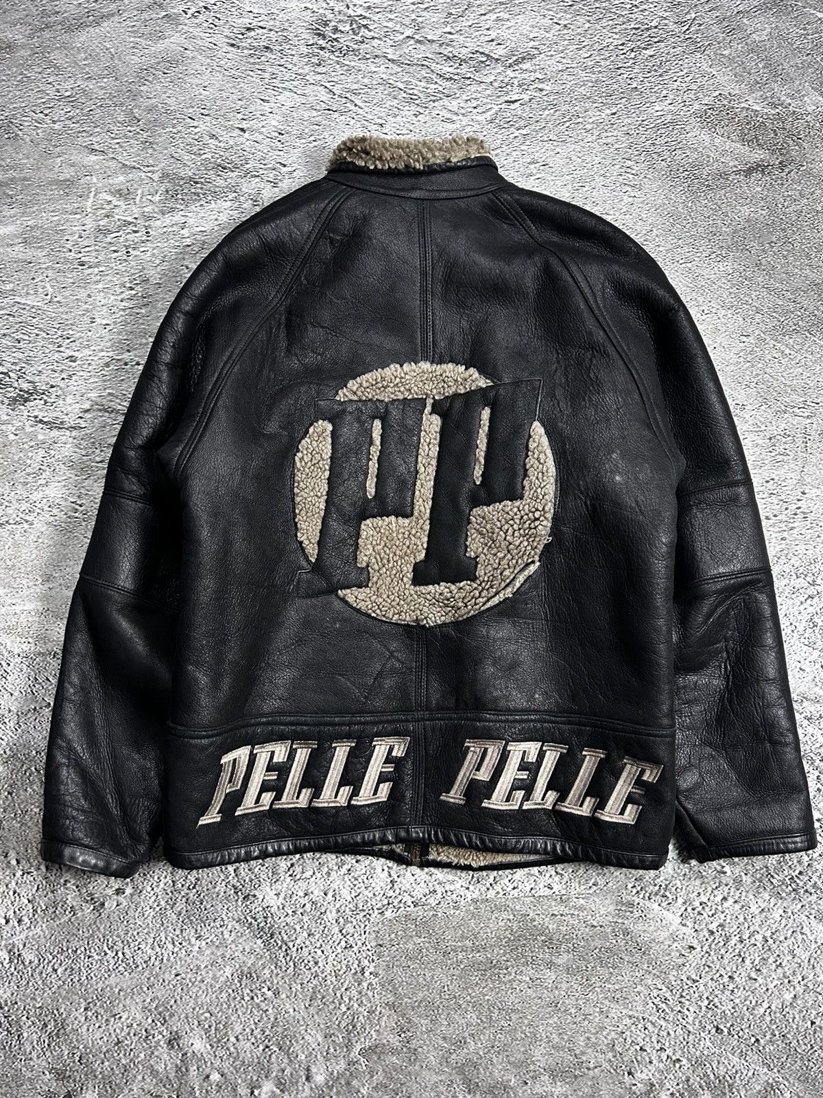 Marc Buchanan Pelle Pelle leather jacket sherpa fur black big logo 90s Size US XL / EU 56 / 4 - 1 Thumbnail